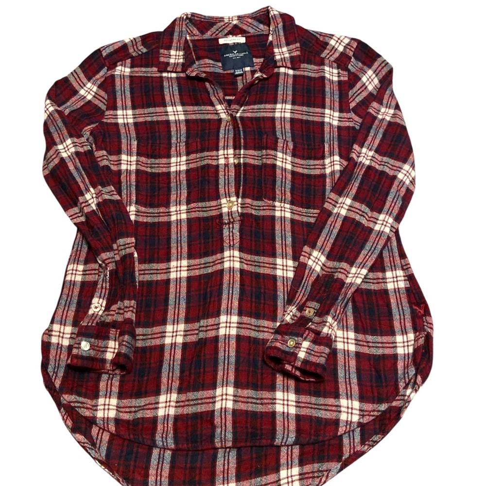 American Eagle Outfitters Burgundy and White Checkered  Flannel Shirt